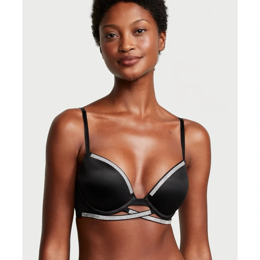 New Victoria’s Secret Shine Rhinestone Strappy Cradle Push Ip Black Bra 38C - Picture 2 of 5